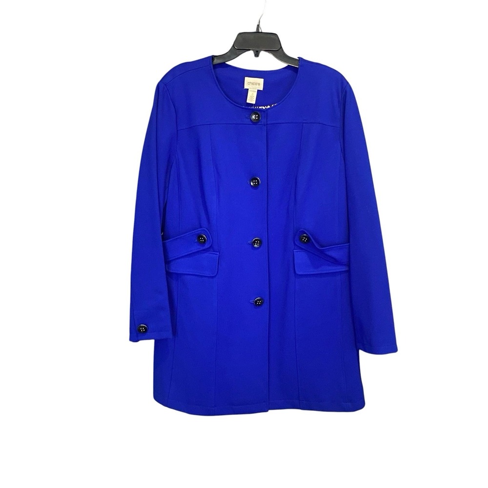 Chico's Women's Sz 3 Artisan Sapphire Blue Ponte Topper Jacket Novelty Button